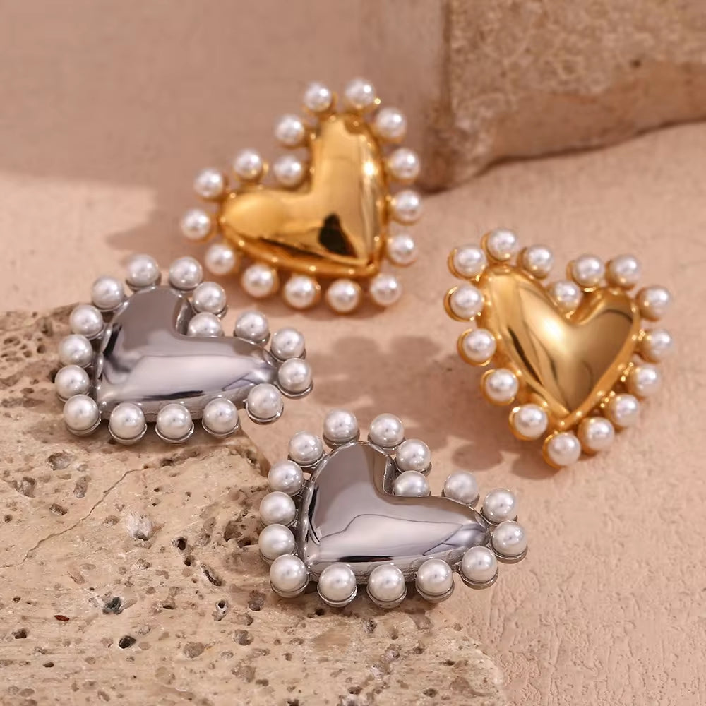 Gold Plated Jewelry Pearl Stud Earrings Heart Jewelry Gift for Women Stainless Steel Earrings