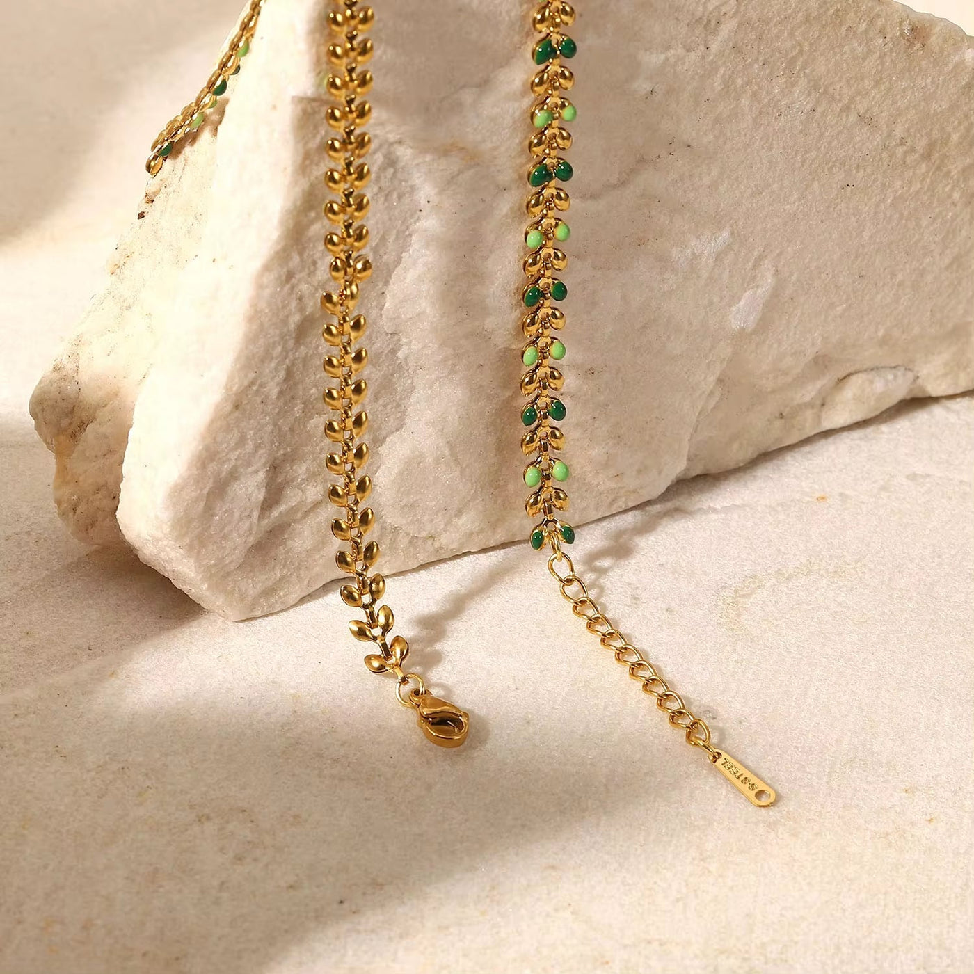 18K Gold Fresh Green Oil Dripping Olive Leaf Necklace Stainless Steel Enamel Charm Chain Necklace Jewelry