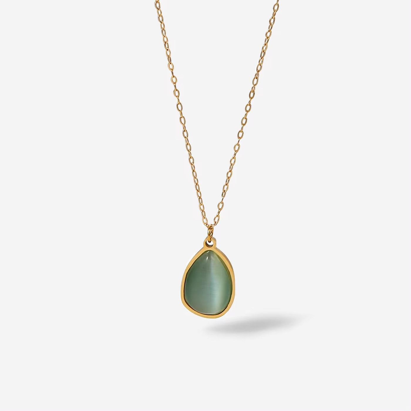 Water Drop Titanium Steel Pendant Necklace 18K Gold Plated Stainless Steel Green Opal Stone Necklace