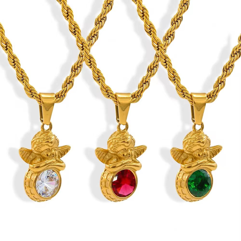 Natural Rainbow 18K PVD Plated Rope Chain Stainless Steel Cubic Zircon Angel Pendant 12 Months Birthstone Necklace