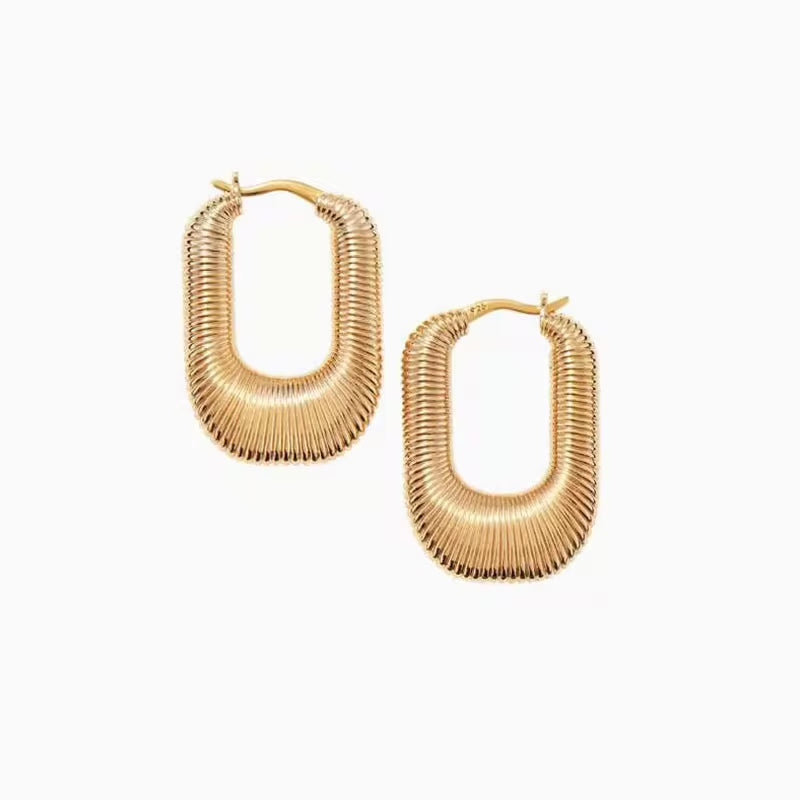 Non Tarnish Stainless Steel PVD 18K Gold Spiral Striped U-Shape HOOP Hollow Earrings