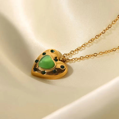 Waterproof Green Heart Necklace Stainless Steel Green Zircon Opal Stone Heart Pendant Necklace