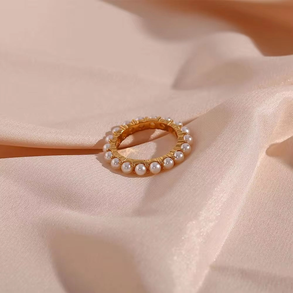 Elegant 18K Gold Plated Fresh Water Pearl Rings Jewelry Women Tarnish Free Stainless Steel Ring