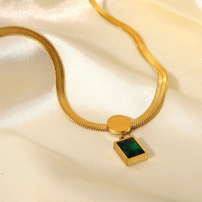 18K Gold Plated Stainless Steel Green Square Zircon Pendant Snake Chain Necklace for Women'S 2024