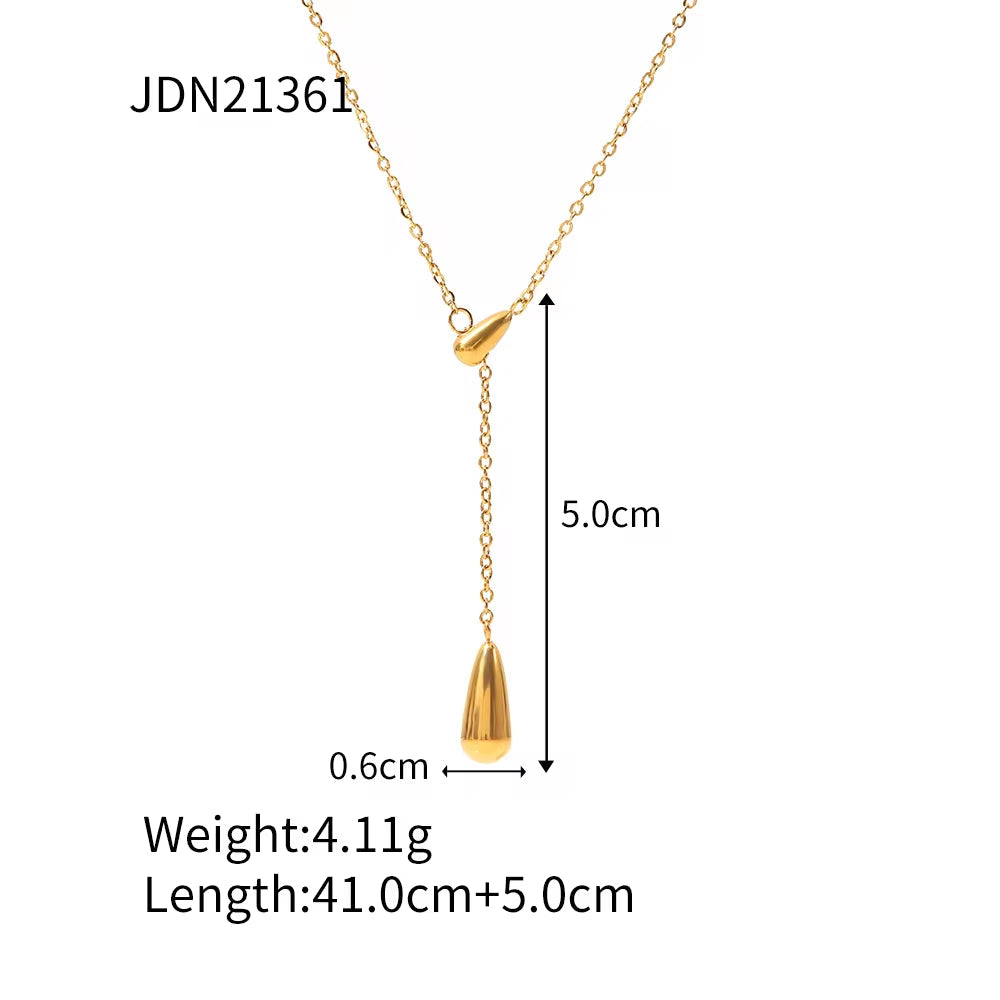 New Trend 18K Gold Plated Double Waterdrop Stainless Steel Y Shape Waterdrop Charm Necklace Jewelry