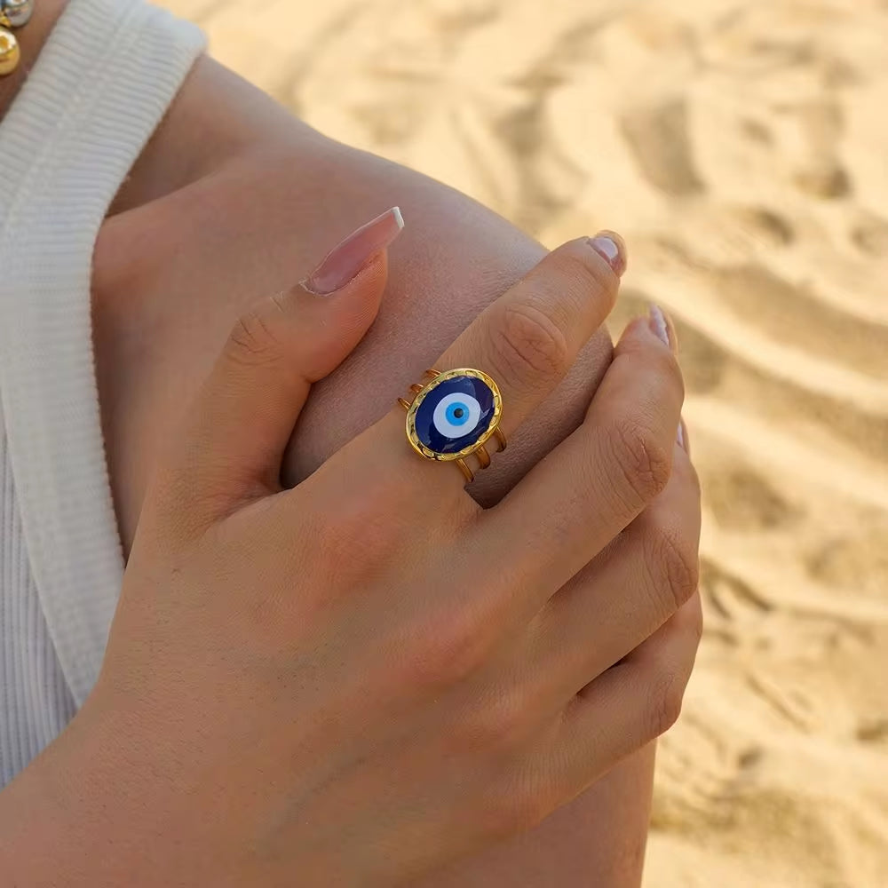 Jewelry 18K Gold Plated Three Layer Eye Ring Stainless Steel Blue Enamel Evil Eyes Stacking Rings