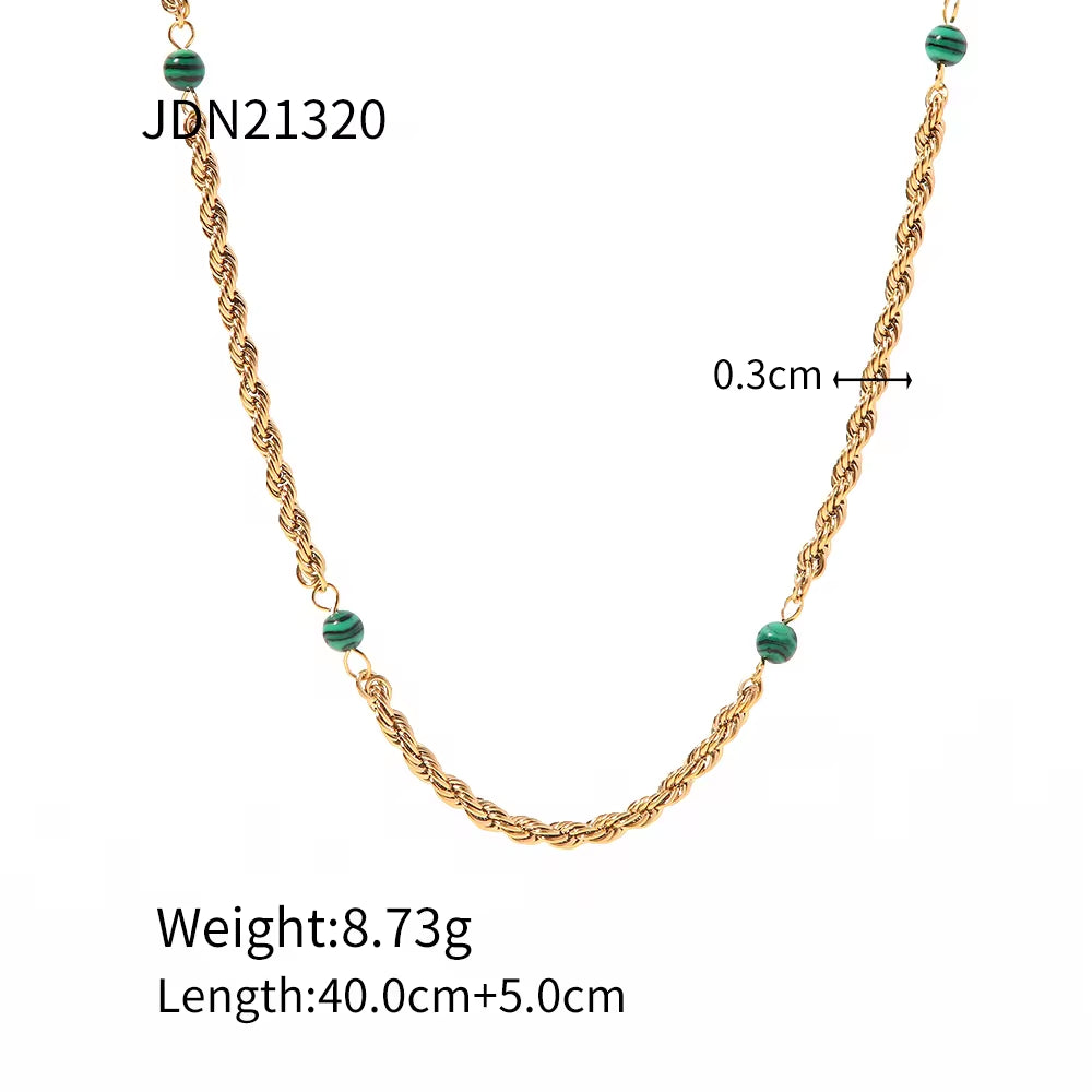 Geometric round Bead Chain Necklace Stainless Steel Rope Chain Green Malachite Bead Necklace