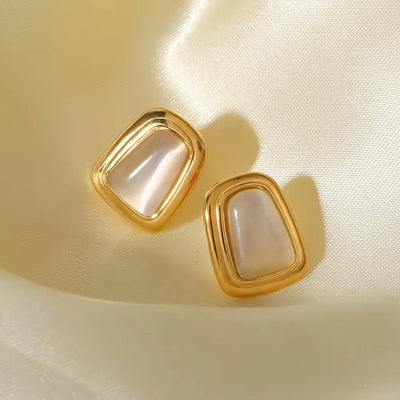 Ins Gorgeous 14K Gold Plated Rectangular Opal Simple Design Stainless Steel Stud Earrings for Ladies