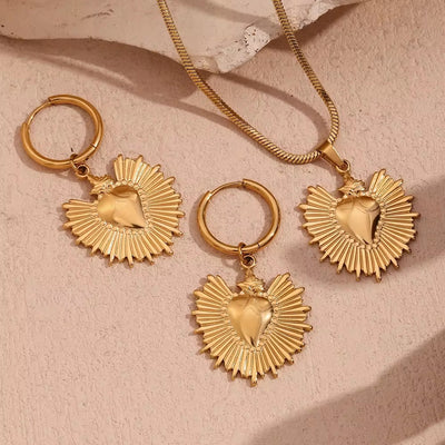 Sunburst Heart Jewelry Gold Plated Pendant Necklace Stainless Steel Jewelry Set Tarnish Free Jewelry