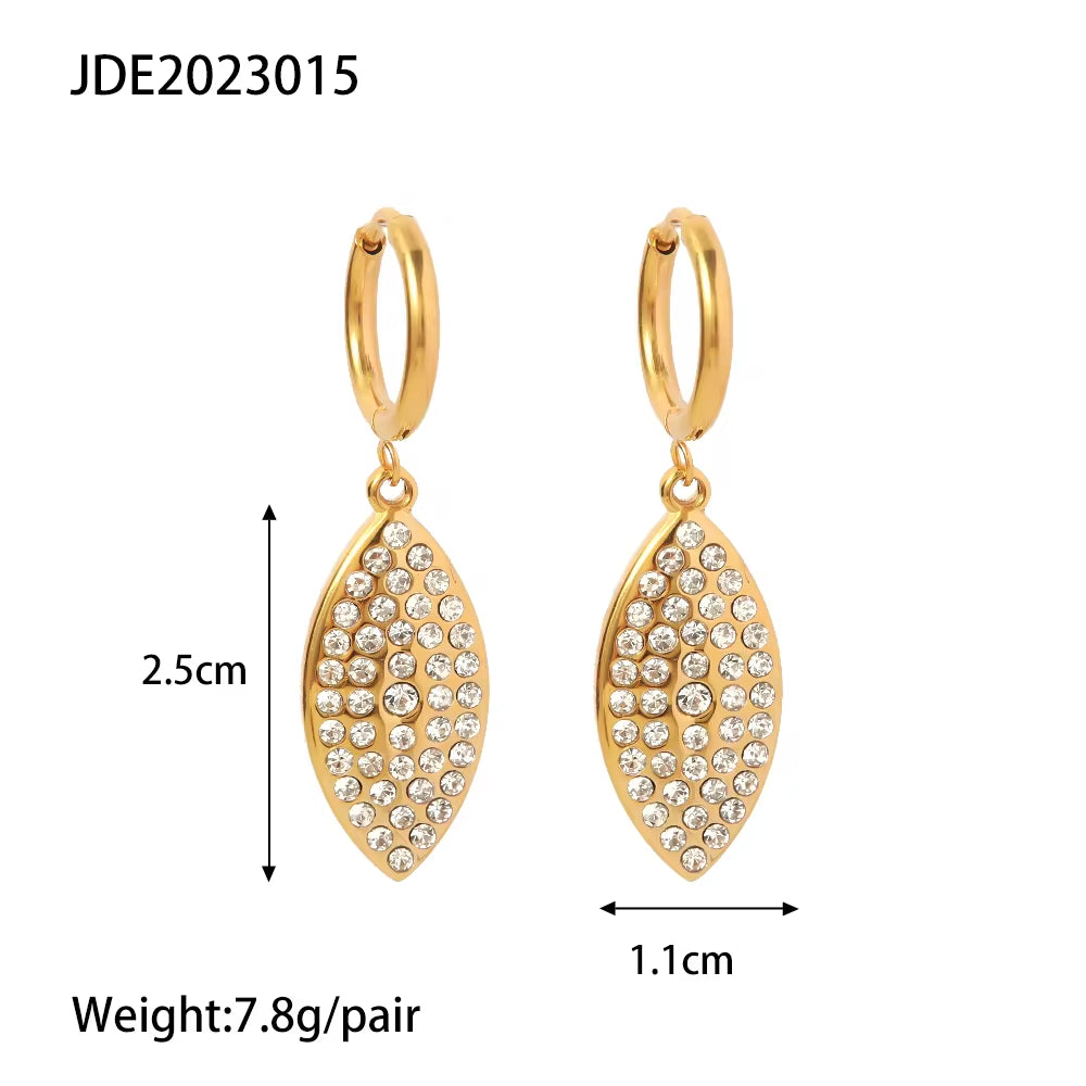 Leaf Shape Shiny Cubic Zircon Non Tarnish 18K Gold Plated Stainless Steel Pendant Earrings Women