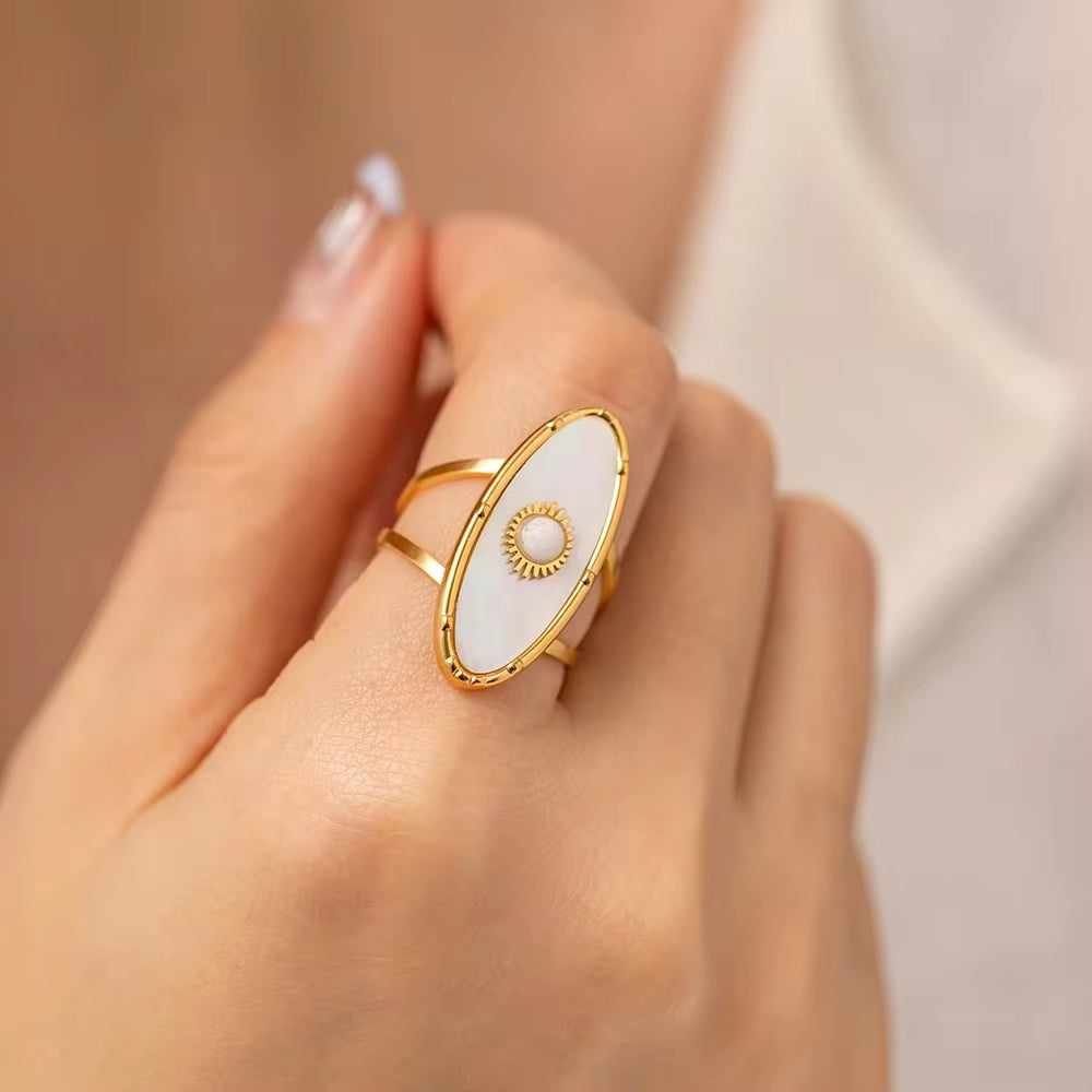 Oval round Natural Shell Pearl 18K PVD Gold Plated Stainless Steel Opening Rings Women Jewelry