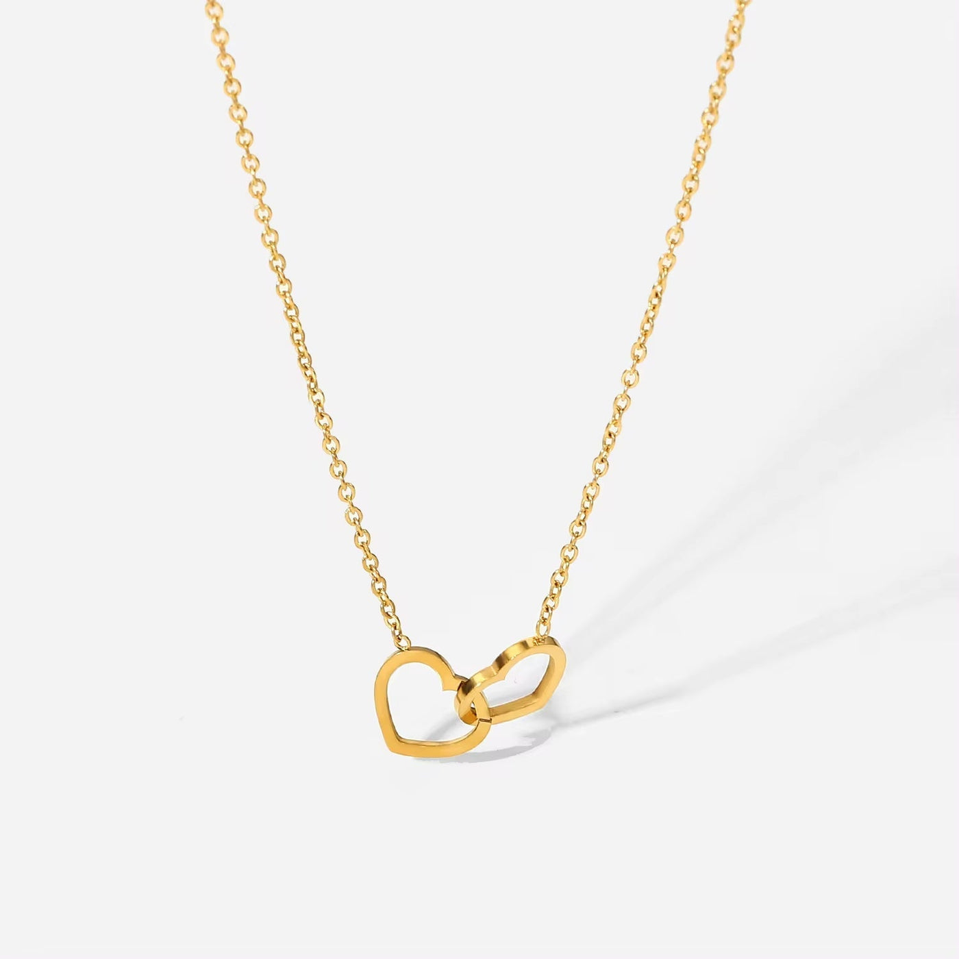 Romantic Gift Stainless Steel 18K Gold-Plated Thin Chain Double Heart Ring Pendant Necklace for Women