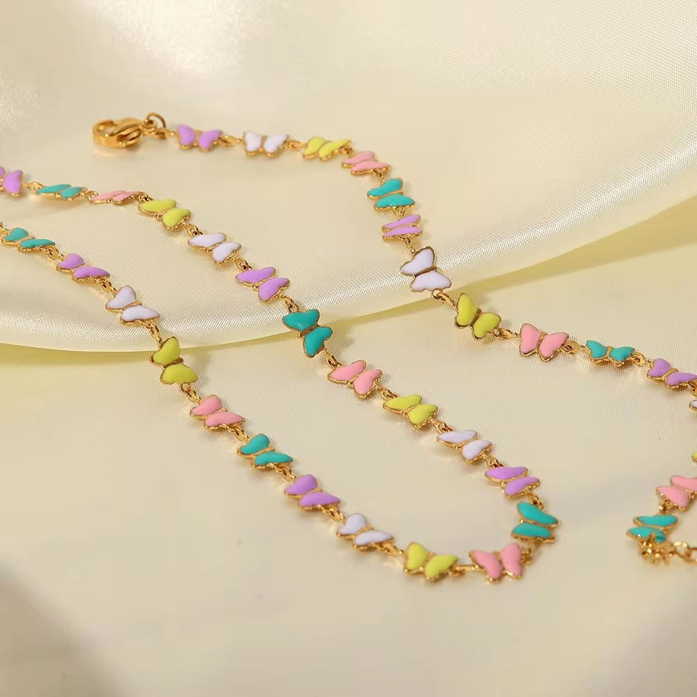 18K Gold Stainless Steel Dripping Oil Bracelets Colorful Enamel Butterfly Choker Necklace Set