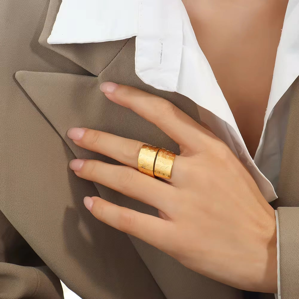 Finger Jewelry 18K Gold Plated Stainless Steel Double Layer Wide Open Ring for Women