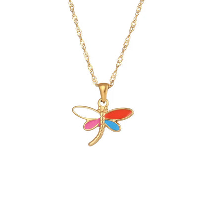 Colorful Enamel Angel Dragonfly Pendant Necklaces 18K Gold Plated Stainless Steel Jewelry Set