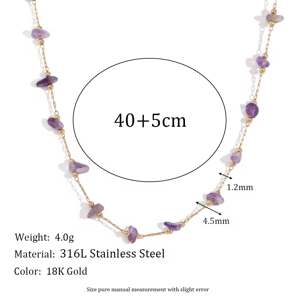 Purple Crystal Choker Gemstone Beaded Gold Plated Necklace Stainless Steel Jewelry Valentines Day Gift 2024