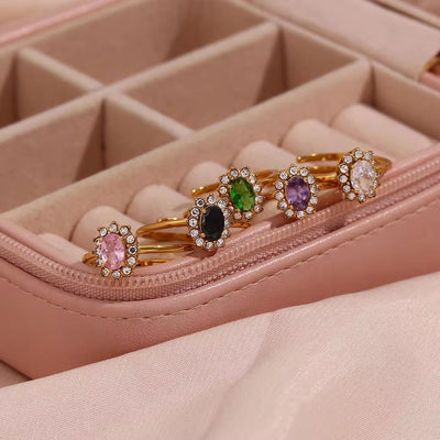 Drop Shipping Oval Zircon Ring Flower Design Adjustable Rings Waterproof Gold Plated Jewelry