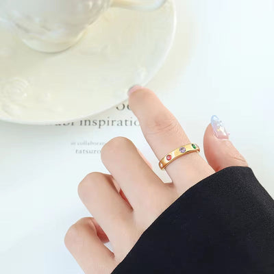 Stainless Steel 18K Gold Plated Colorful Zircon Personality Ring for Women