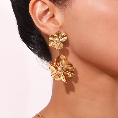 Gold Plated Dangle Earrings Flower Drop Earrings Tarnish Free Jewelry Stainless Steel Fashion Jewelry