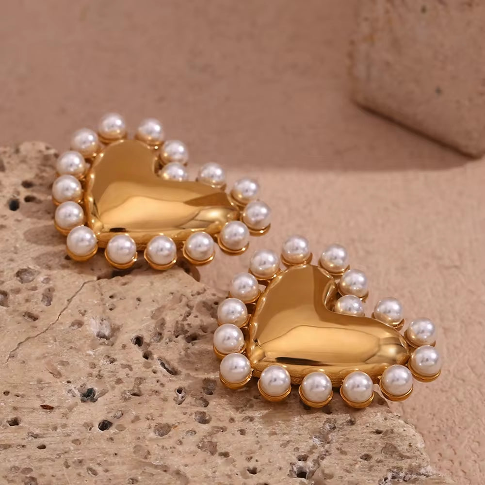 Gold Plated Jewelry Pearl Stud Earrings Heart Jewelry Gift for Women Stainless Steel Earrings