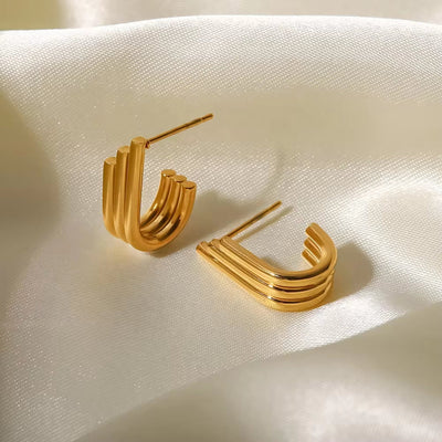 18K Gold Plated Three Layers Pipe Organ U Shape Stainless Steel Stud Earrings for Ladies Gift