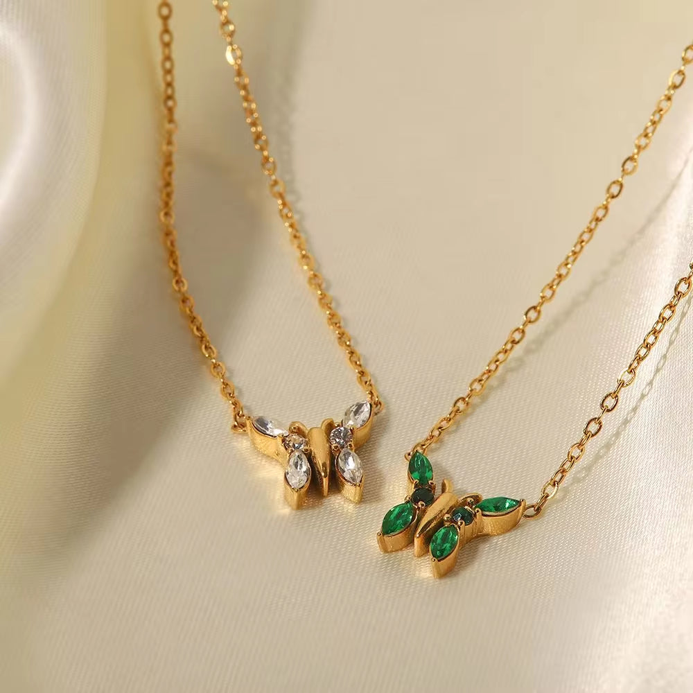 Minimalist Jewelry 18K Gold Plated Stainless Steel Clear Green Zircon Paved Butterfly Necklace