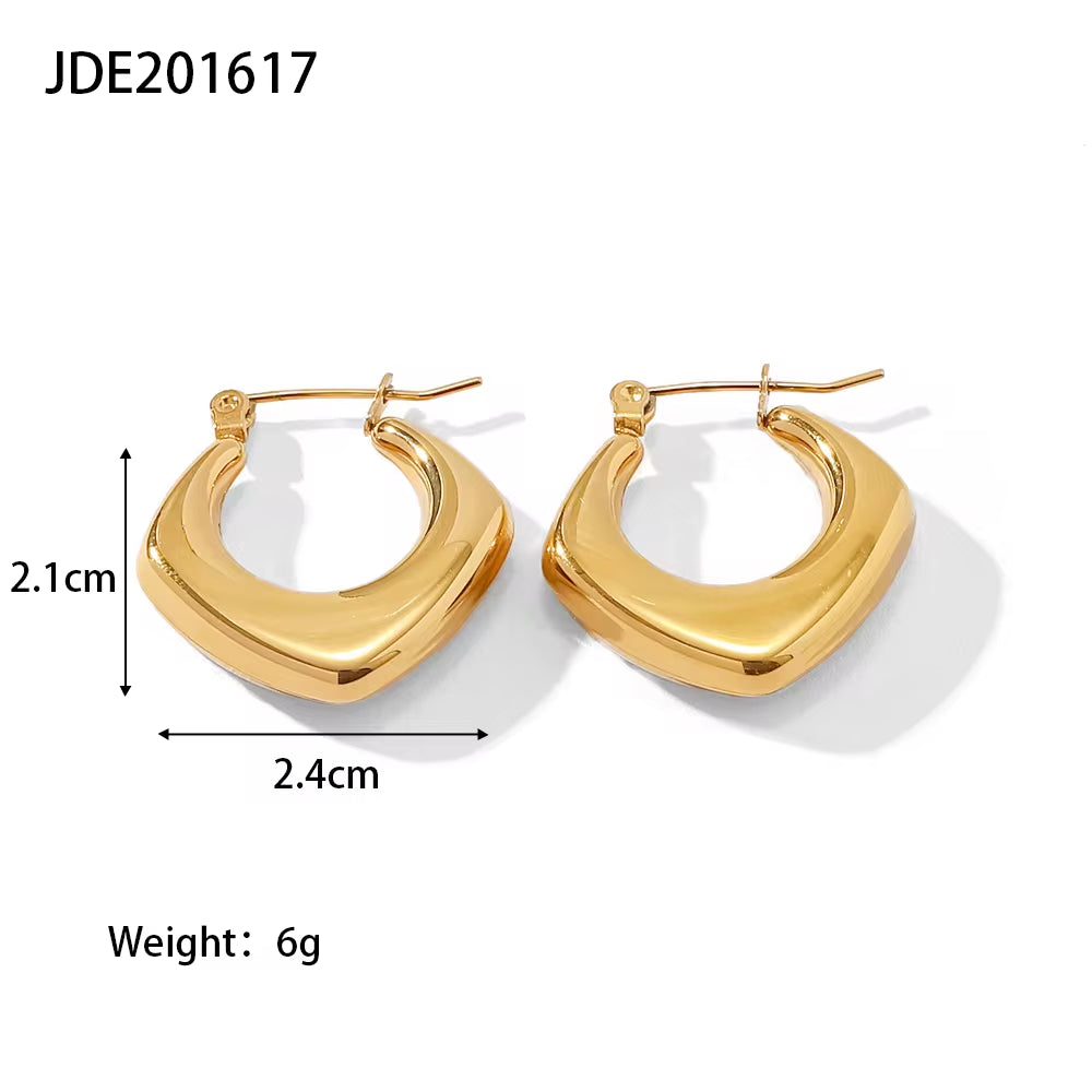 18K PVD Gold Plated Stainless Steel Geometric Hollow Rhombus Waterproof Hoop Earrings for Women