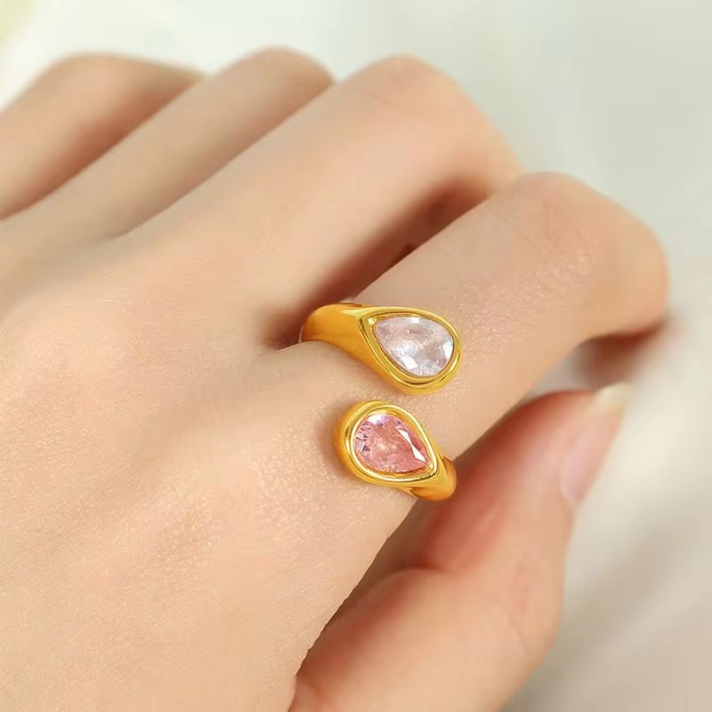 JEWELRY JZ14 Hot Sale Zirconia Double Teardrop Open End Ring Stainless Steel 18K Gold Plated Fashion Jewelry