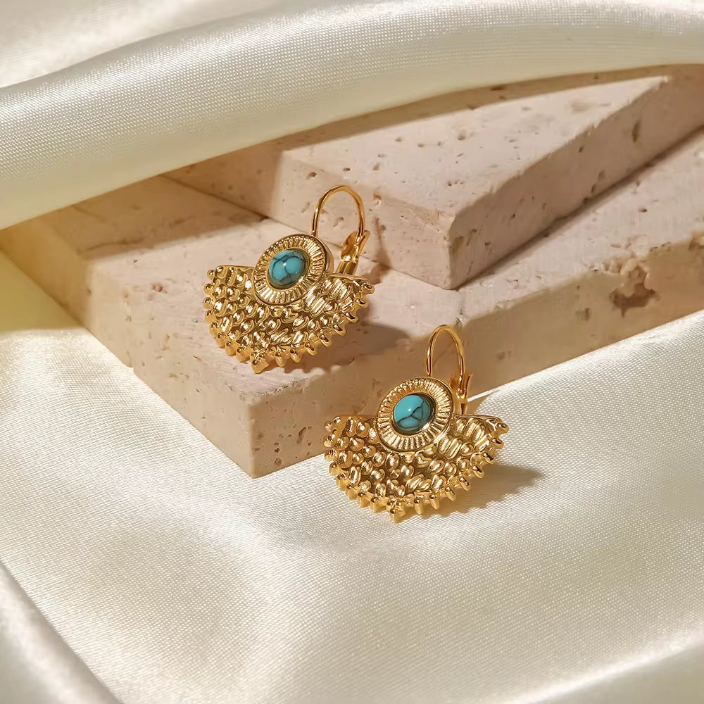 Vintage 18K Gold Plated Turquoise Fan-Shaped Pendant Earrings Gift Jewelry Stone Earrings