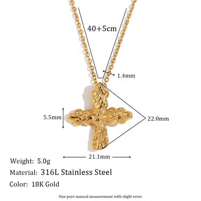 Hammered Cross Necklace 18K Gold Plated Jewelry Waterproof 316L Stainless Steel Titanium Jewelry