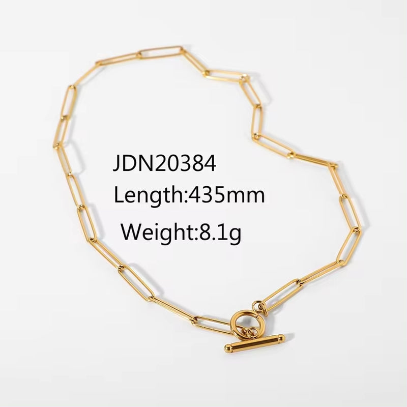 18K Gold Plated OT Buckle Flat Rectangle Link Chain Stainless Steel Choker Necklace Jewelry for Women