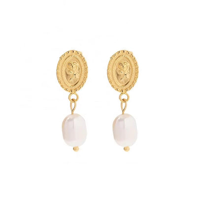 18K Gold Plated Stainless Steel Freshwater Pearl Coin Design Rose Embossed Pendant Earrings Ins Trendy