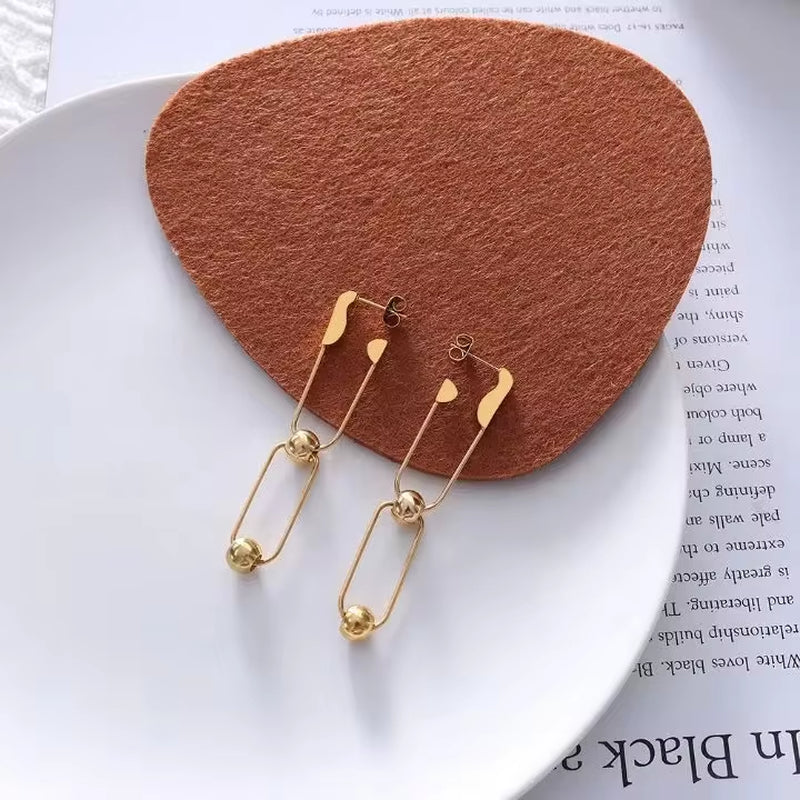 Designer Custom French Bohemian Fashion Jewelry 18K Gold Plated Stainless Steel Paper Clip Ball Studs Earrings