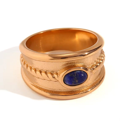 Vintage Engraved Natural Stone Statement Ring 18K Gold Plated Stainless Steel Signet Ring