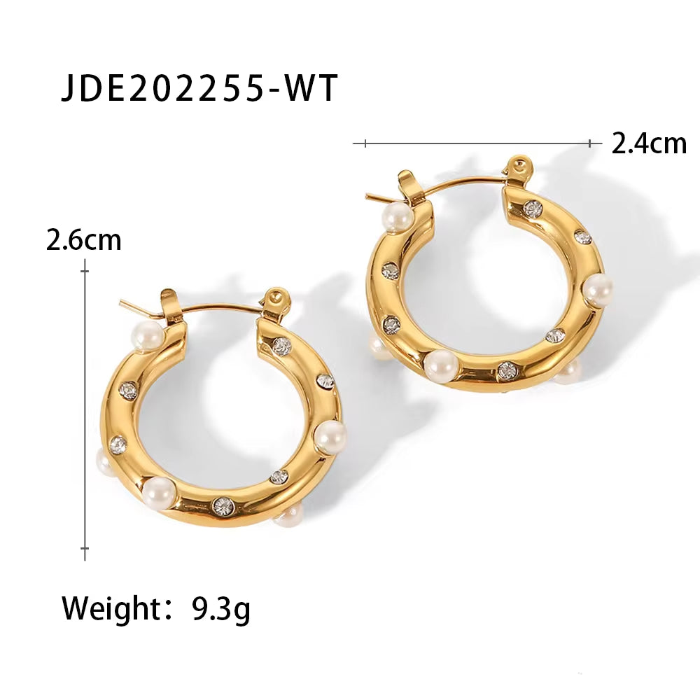 Zircon Pearl Hoop Earrings High Quality 18K Stainless Steel CZ Inlaid for Women Fashion Jewelry