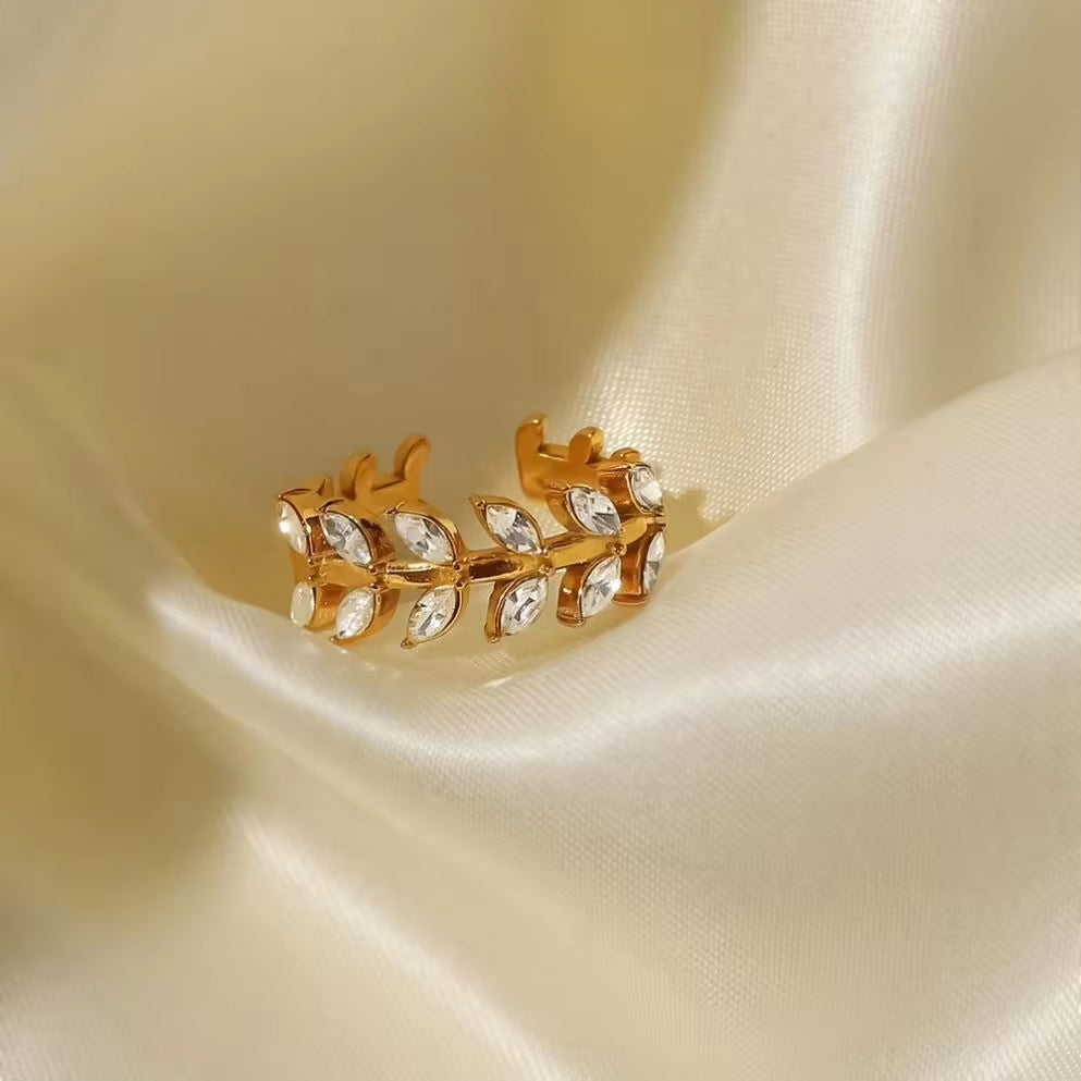 Dainty 18K Gold Plated Stainless Steel Branch Leaf Design White Cubic Zirconia Adjustable Rings