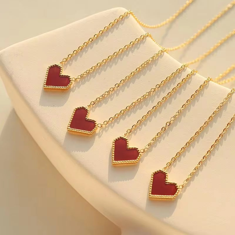 Elegant Stainless Steel Red Heart Pendant Necklace Titanium Steel Acrylic for Women Jewelry