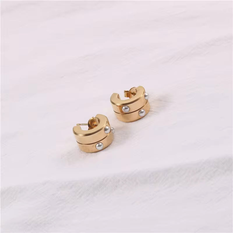 Hyperbole Half round Chunky Stud Earring 18K Gold Plated Stainless Steel Pearl Inlay Double Layer C Shape Hoop Earring