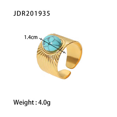 18K Gold Plated Turquoise Swirl Marks Wide Opening Stainless Steel Rings for Women Jewelry