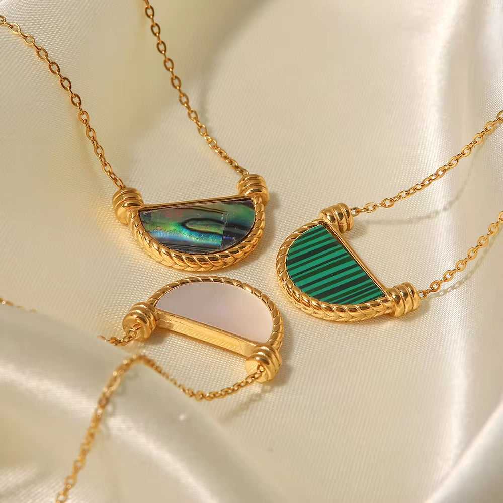 Stainless Steel Fan Shape Black Malachite Symphony Abalone Basket Natural Shell Pendant Necklace