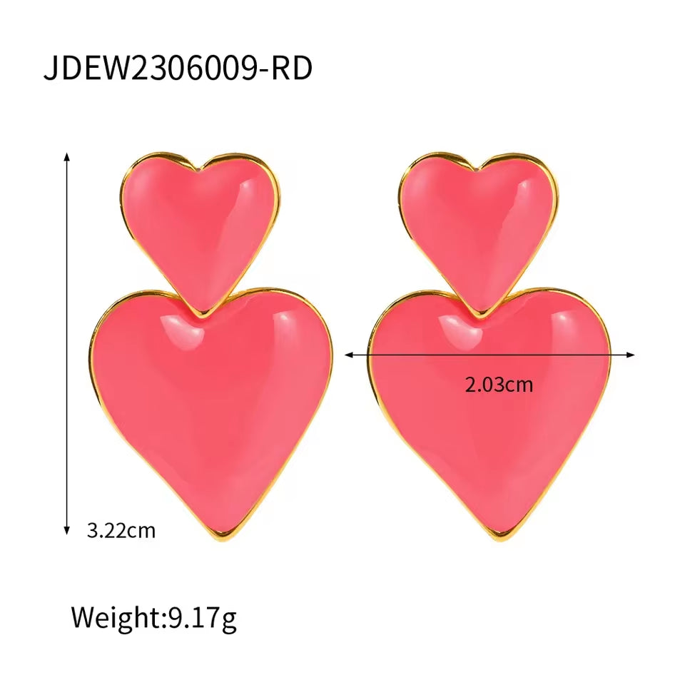 Trendy 18K Gold Plated Colorful Enamel Love Earring Stainless Steel Chunky Smooth Double Heart Drop Earrings