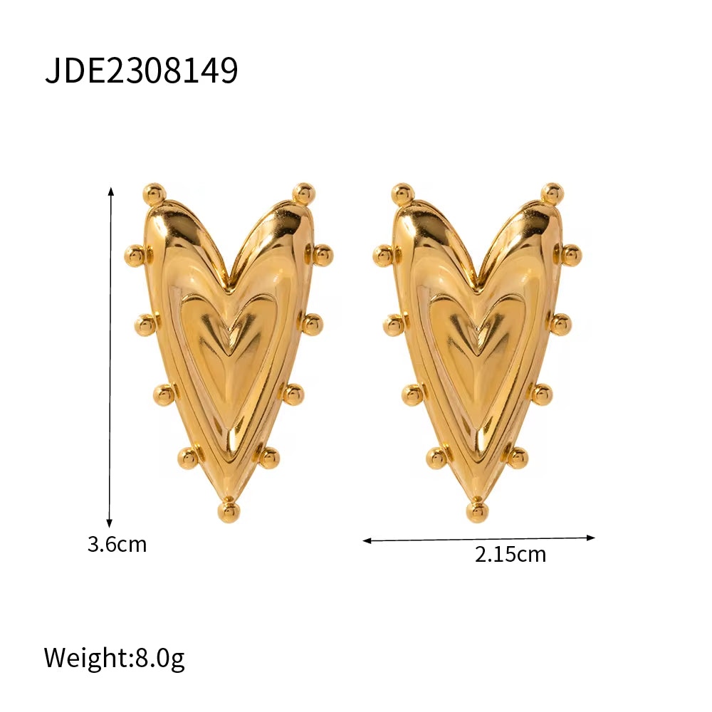 Original Design 18K Gold Plated Stainless Steel Rivet Chunky Texture Heart Earring Necklace for Women