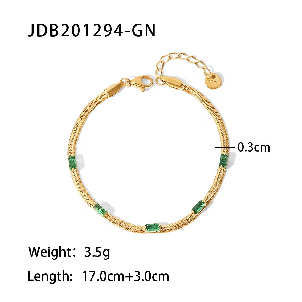 14K Gold Plated Flat Snake Chain Green Square Zircon Stainless Steel Bracelets Minimalist Design