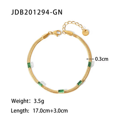 14K Gold Plated Flat Snake Chain Green Square Zircon Stainless Steel Bracelets Minimalist Design