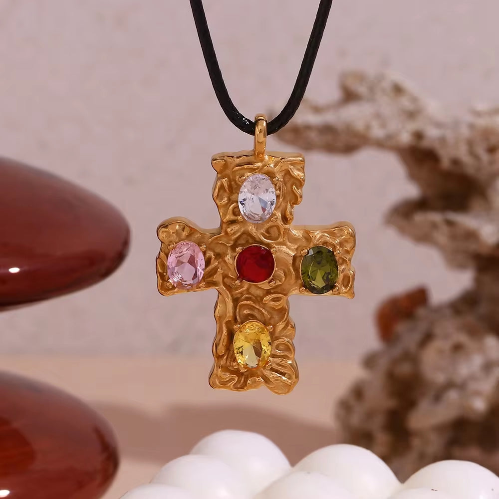 Colorful Zircon Cross Pendant Necklace for Women Rope Chain Gold Plated Jewelry Stainless Steel Necklace