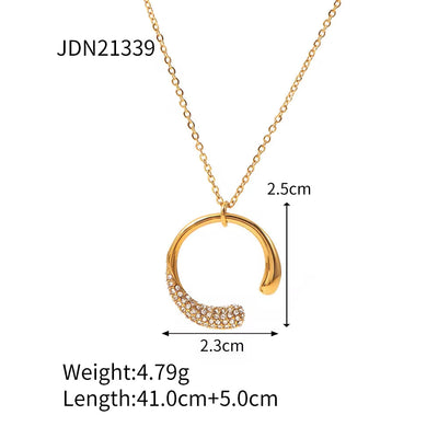 New Trendy Stainless Steel Waterdrop Shape Zircon Paved Circle C Open Ring C Ring Pendant Necklace