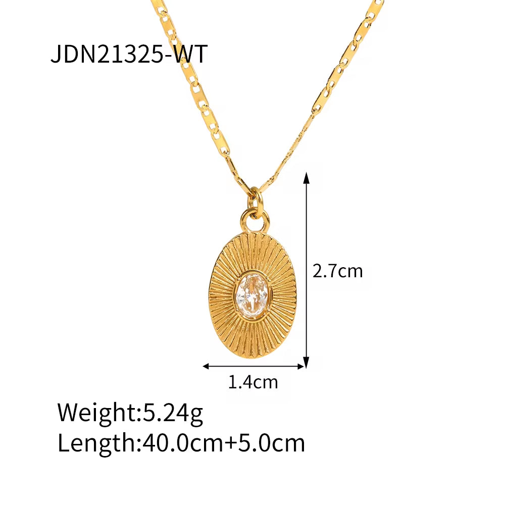 INS Style 18K Gold Plated Sunburst Earrings Stainless Steel Screw Zircon Paved Oval Pendant Necklace