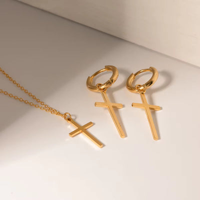 Waterproof 18K PVD Gold Minimalist Stainless Steel Necklace Cross Pendant Earring Set Low Key Luxury