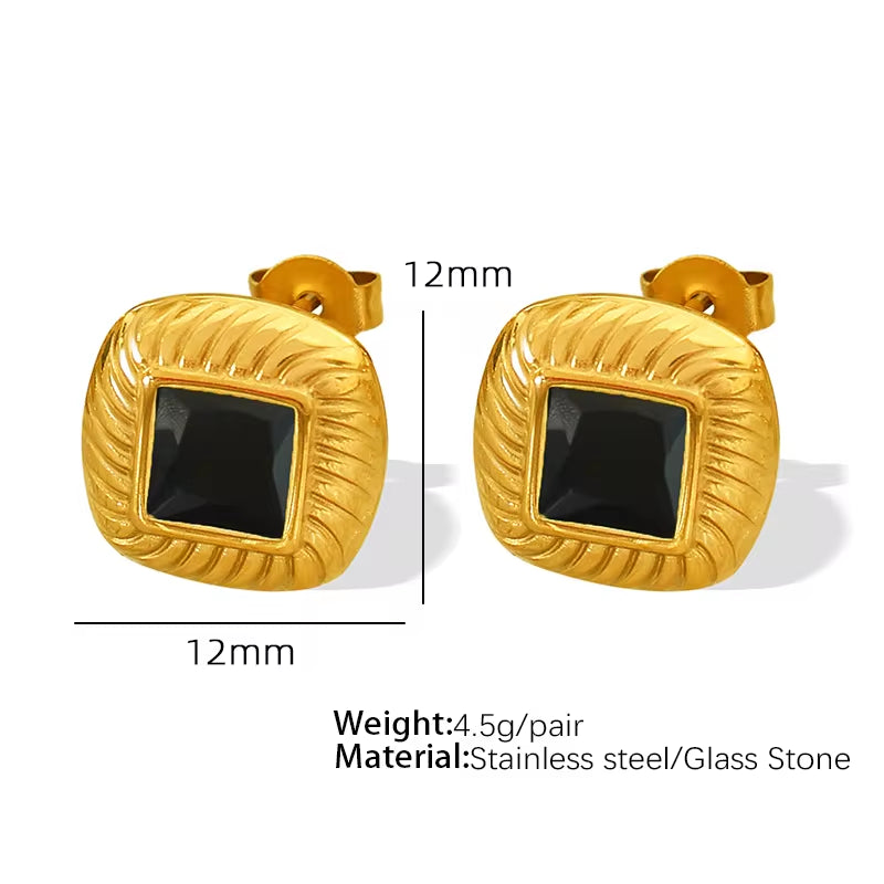 JEWELRY EH156 French Vintage Stainless Steel 18K Gold Plated Glass Stone Square Stud Earrings