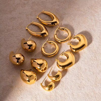 Hypoallergenic Heart Geometric C 18K PVD Gold Plated 316L Stainless Steel Chunky Hollowed Statement Earrings